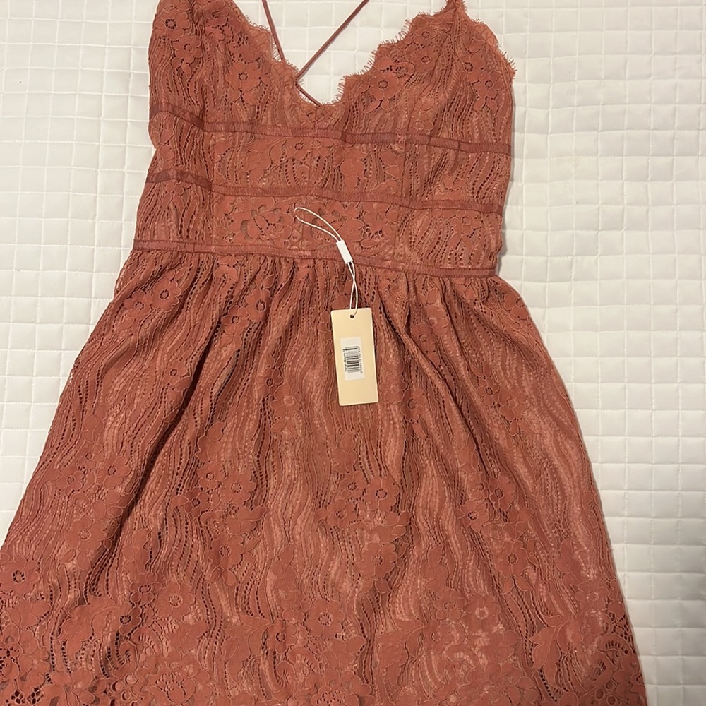 Women’s Twosisters lined coral lace dress with lace up back, size 14